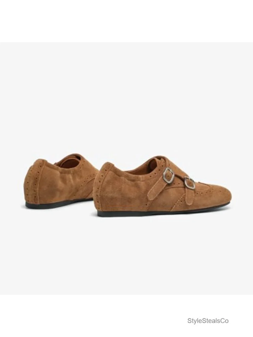 Women's Suede Double Monk Strap Loafers Square Toe Brogue Sheepskin Lining